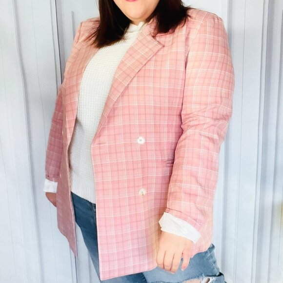 New -Pink Plaid Double Breasted Collar Lapel Blazer - Picture 3 of 14